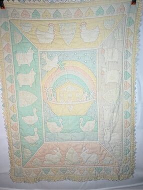 Vintage Noahs Ark Baby Crib Blanket Quilt Pastel Animals Hearts Ruffle Border